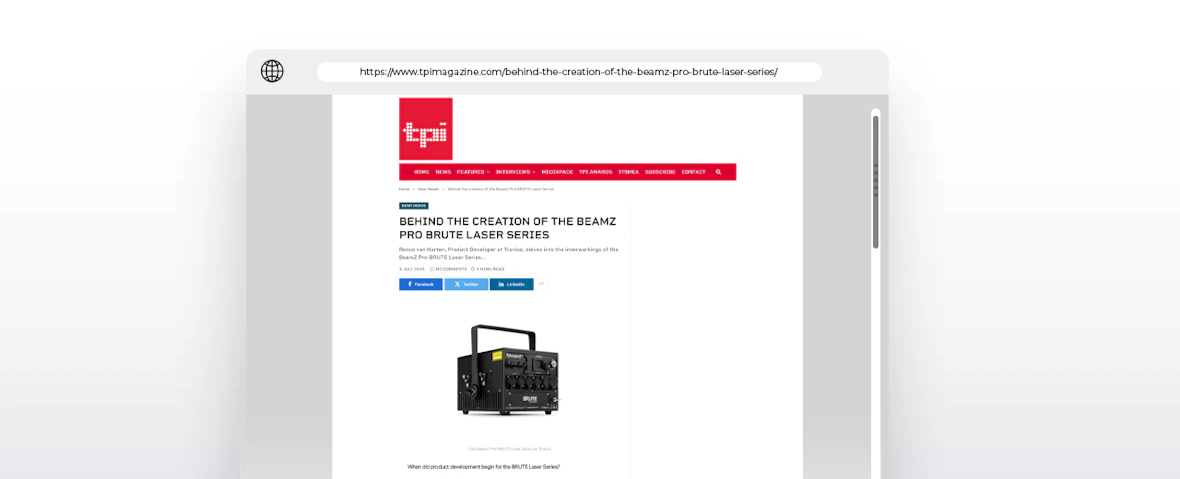 BeamZ Pro BRUTE Laser Series featured in TPi Magazine